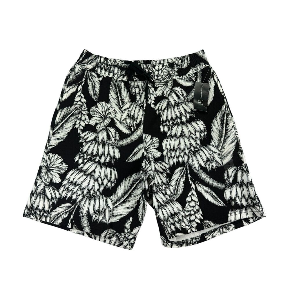 INC Mens 9" Palm Print Floral Cotton Blend Drawstring Shorts Black White S